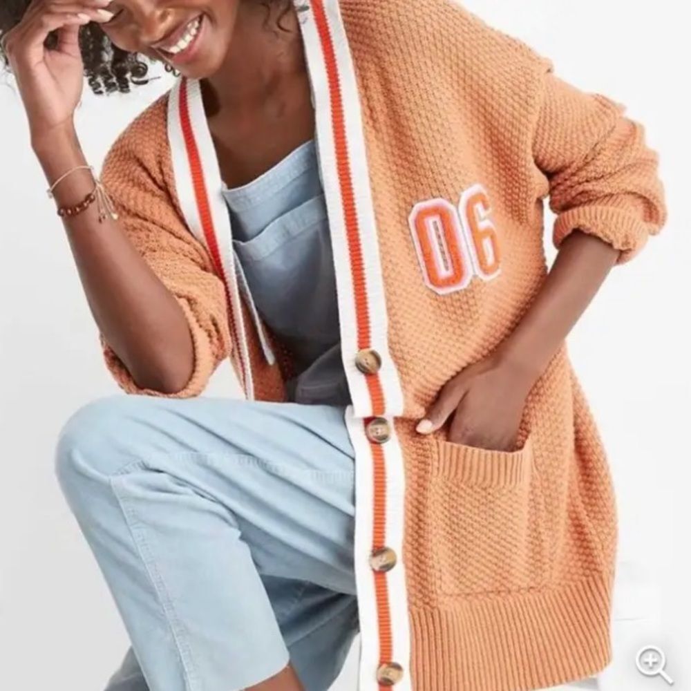 Aerie Oversized Varsity Cardigan Orange with White Stripe size Large